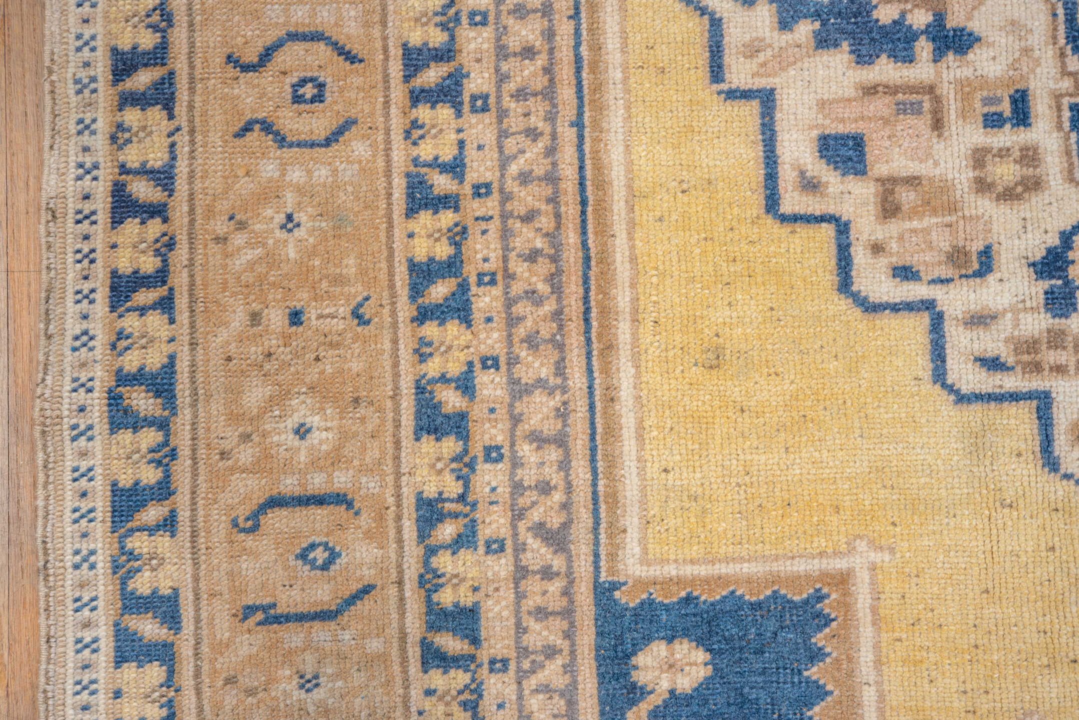 5' x 8' one-of-a-kind handmade vintage Oushak medium size rug. Color palette: ivory, blue, pale yellow, beige, taupe, gold
