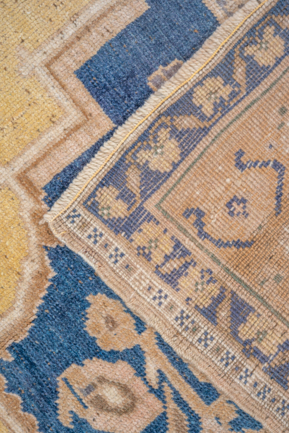 5' x 8' one-of-a-kind handmade vintage Oushak medium size rug. Color palette: ivory, blue, pale yellow, beige, taupe, gold