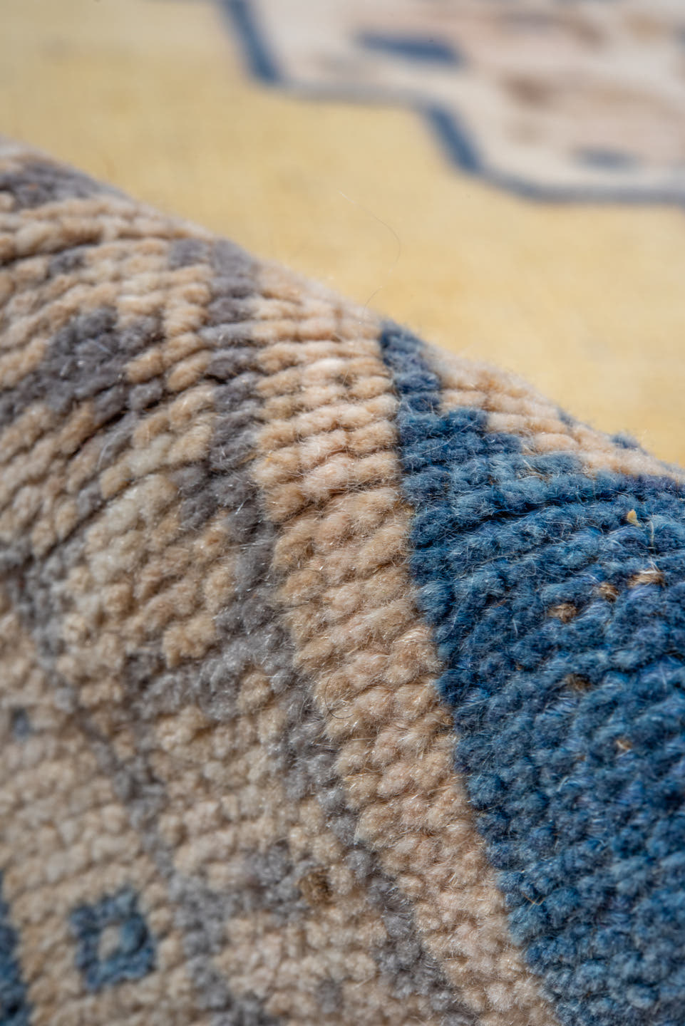 5' x 8' one-of-a-kind handmade vintage Oushak medium size rug. Color palette: ivory, blue, pale yellow, beige, taupe, gold