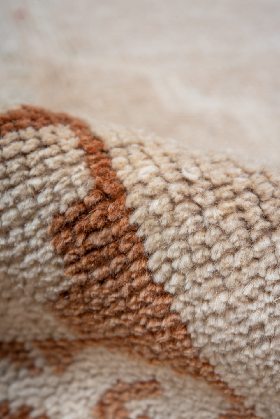 4' x 8' one-of-a-kind handmade vintage Oushak rug. Color palette: brown, gray, light gray, off-white, pink, snow, white