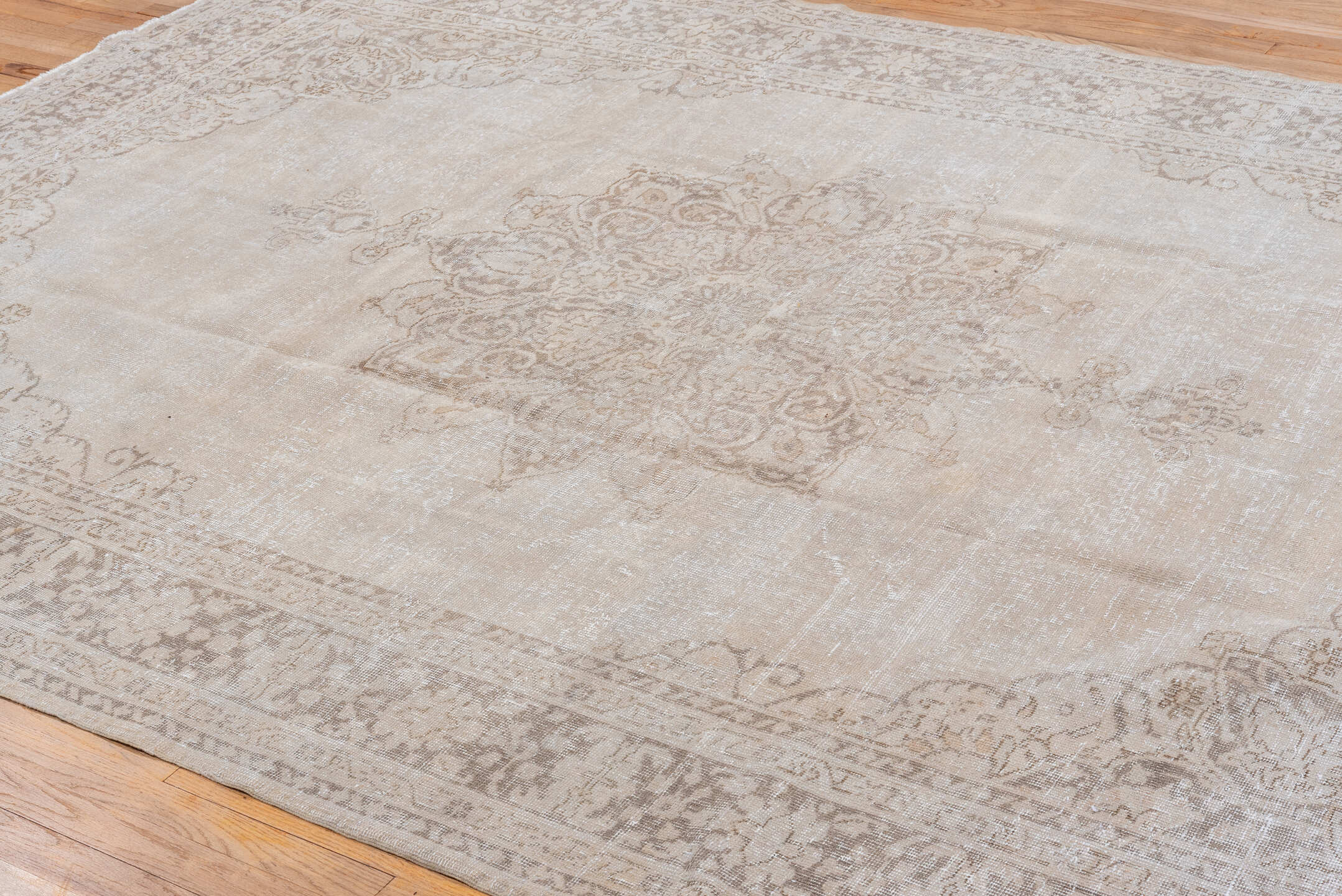 7' x 10' one-of-a-kind handmade vintage Oushak large size rug. Color palette: ivory, taupe, beige, stone, greige, gray