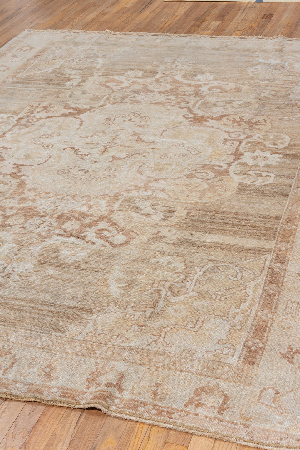 7' x 9' one-of-a-kind handmade vintage Oushak rug. Color palette: ivory, taupe, beige, blush, camel, cream, gray, pink
