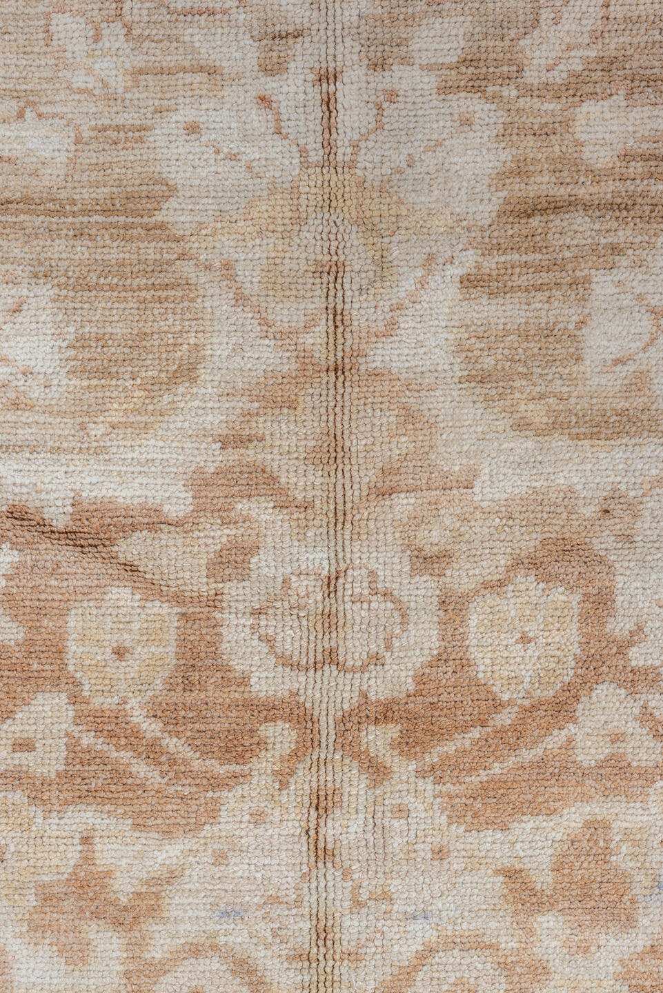 7' x 9' one-of-a-kind handmade vintage Oushak rug. Color palette: ivory, taupe, beige, blush, camel, cream, gray, pink