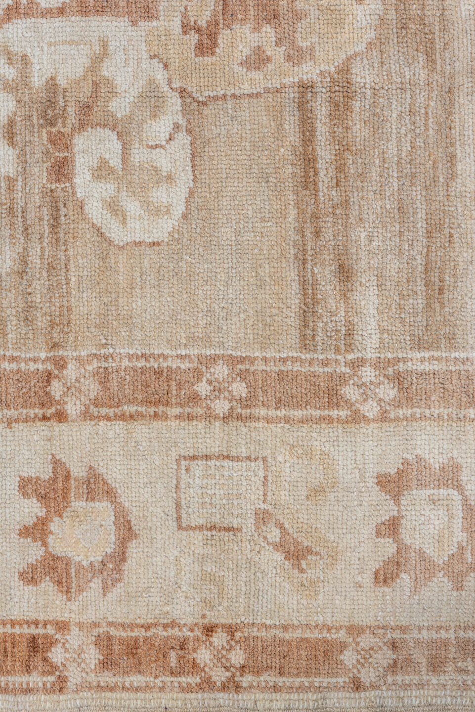 7' x 9' one-of-a-kind handmade vintage Oushak rug. Color palette: ivory, taupe, beige, blush, camel, cream, gray, pink