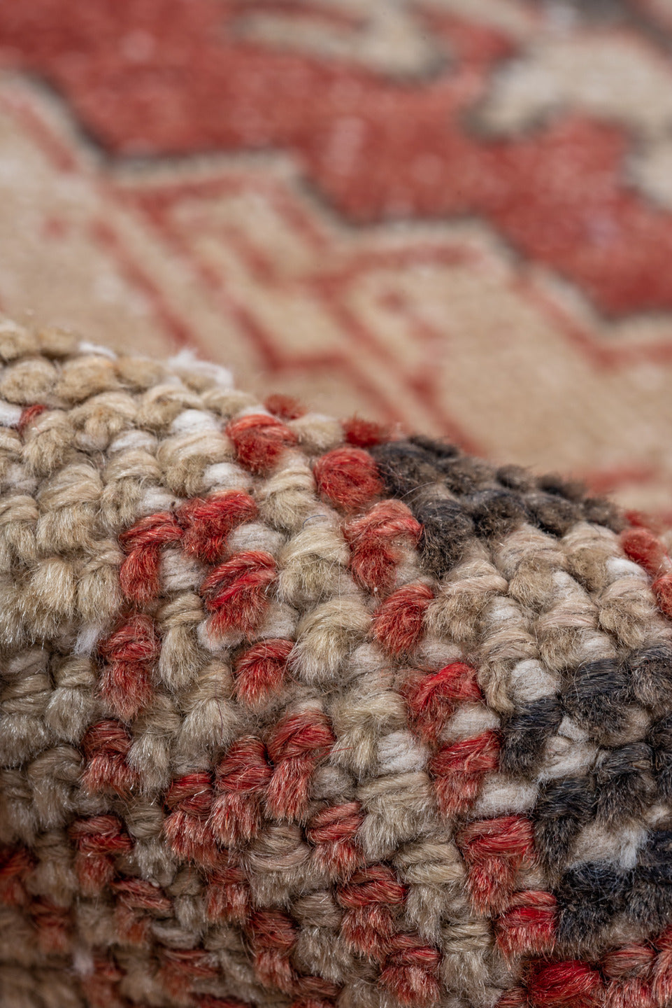 5' x 11' one-of-a-kind handmade vintage Oushak rug. Color palette: brown, gray, light gray, off-white, pink, red