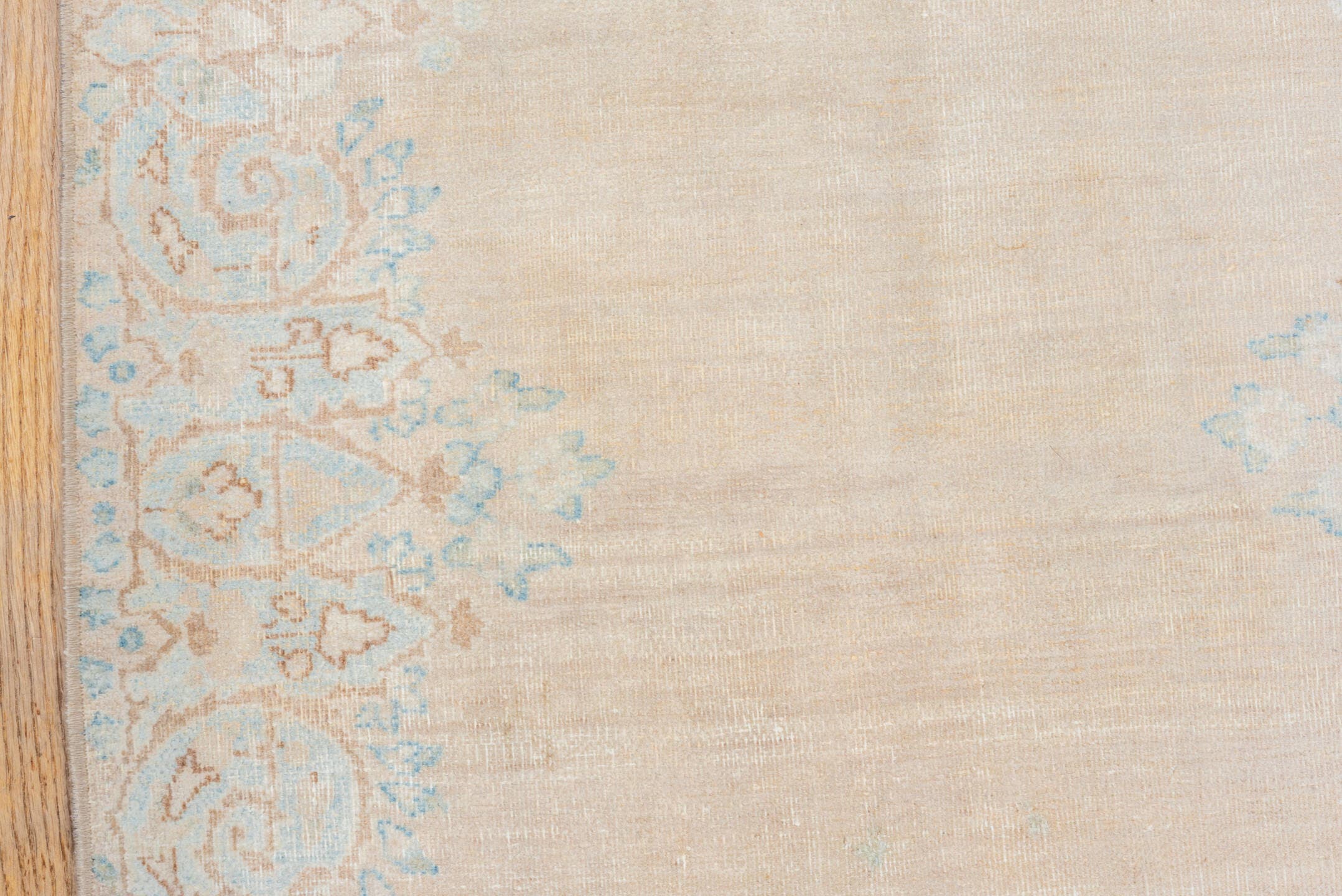 2' x 14' one-of-a-kind handmade vintage Kerman runner rug. Color palette: beige, ivory, pale blue, taupe, cream, light blue