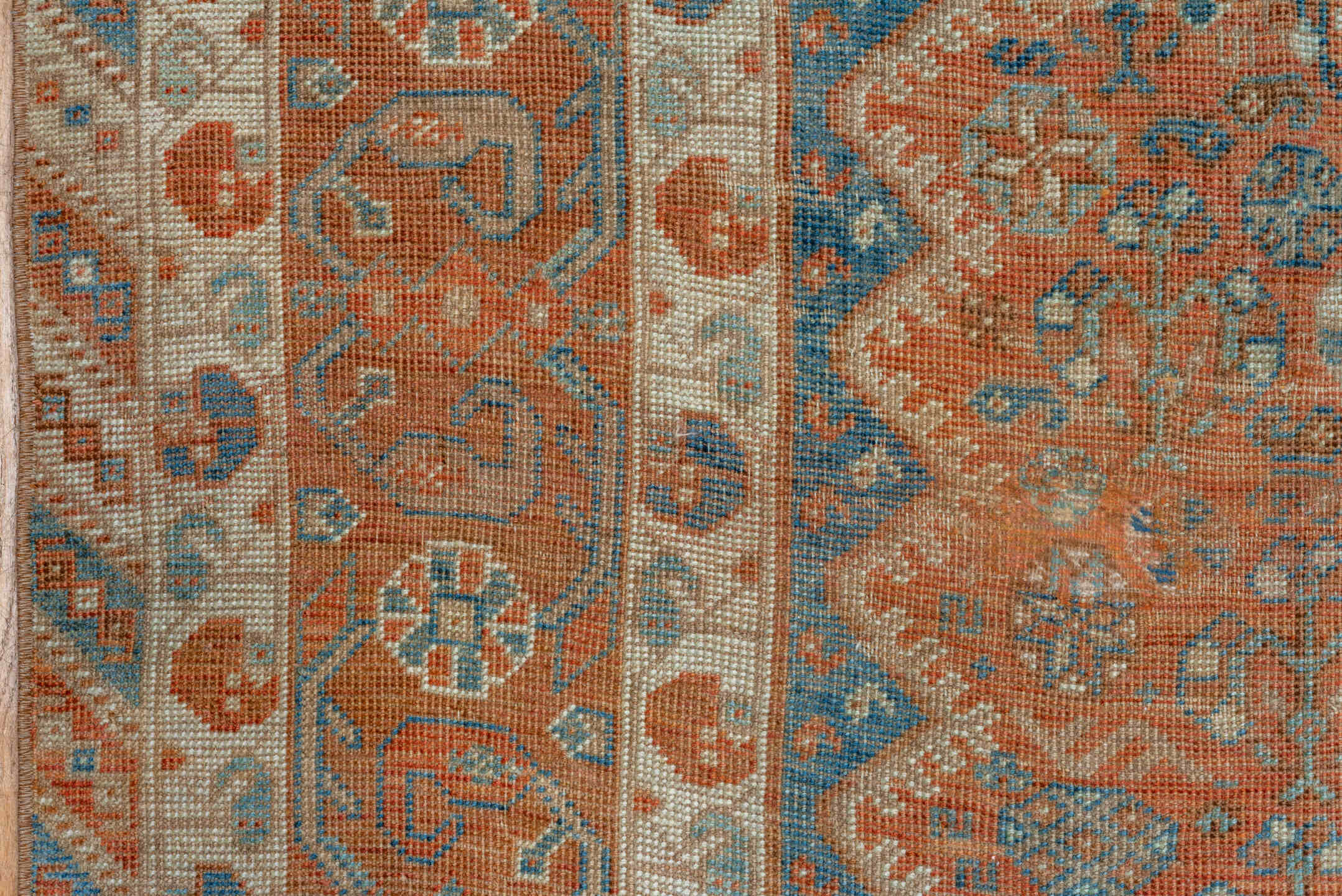 7' x 10' one-of-a-kind handmade vintage Shiraz large size rug. Color palette: terra cotta, ivory, slate, rust, blue, camel