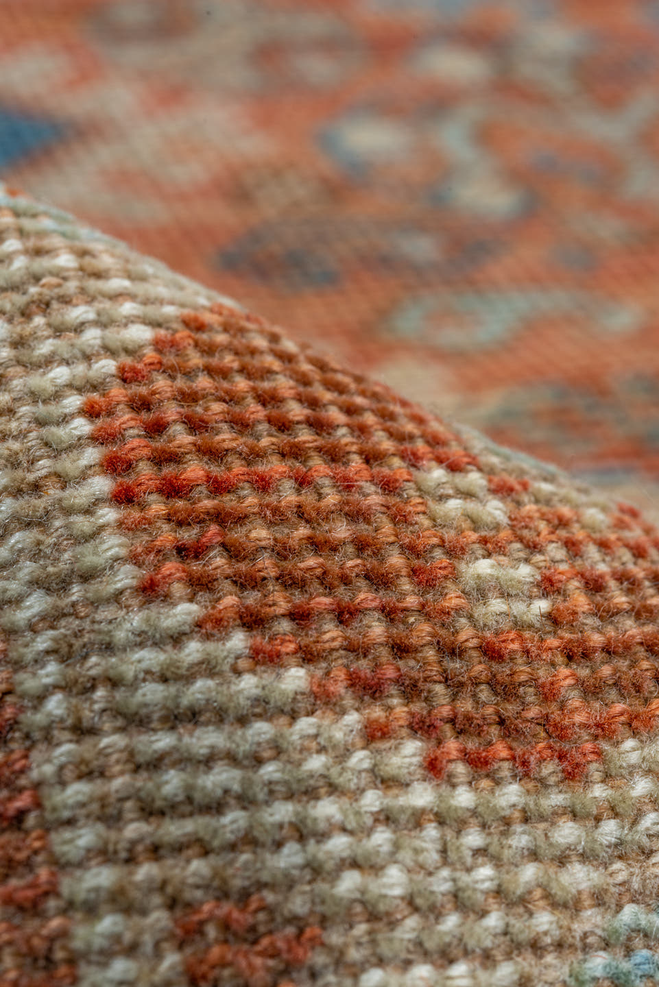 7' x 10' one-of-a-kind handmade vintage Shiraz large size rug. Color palette: terra cotta, ivory, slate, rust, blue, camel