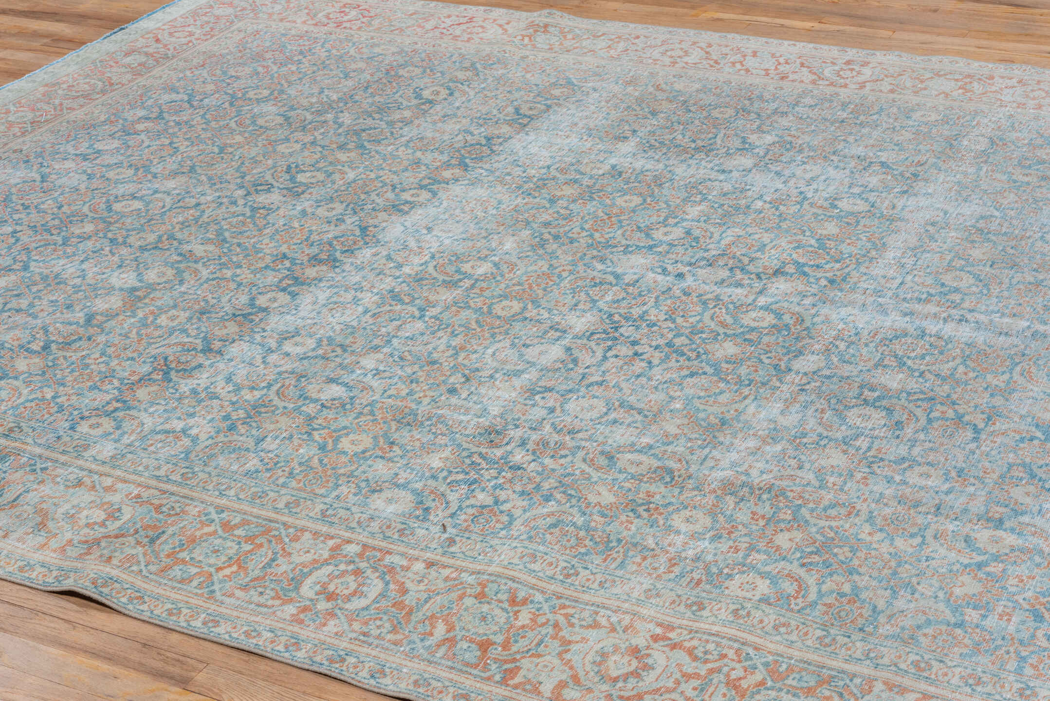 8' x 10' one-of-a-kind handmade vintage Tabriz large size rug. Color palette: sky blue, ivory, blush, taupe, slate, rose