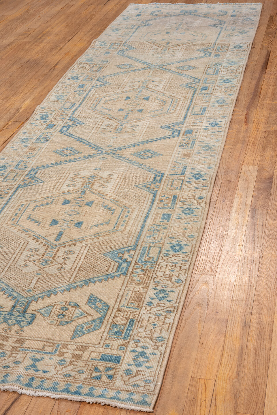 2' x 11' one-of-a-kind handmade vintage Sarab runner rug. Color palette: blue, brown, dark gray, gray, light blue