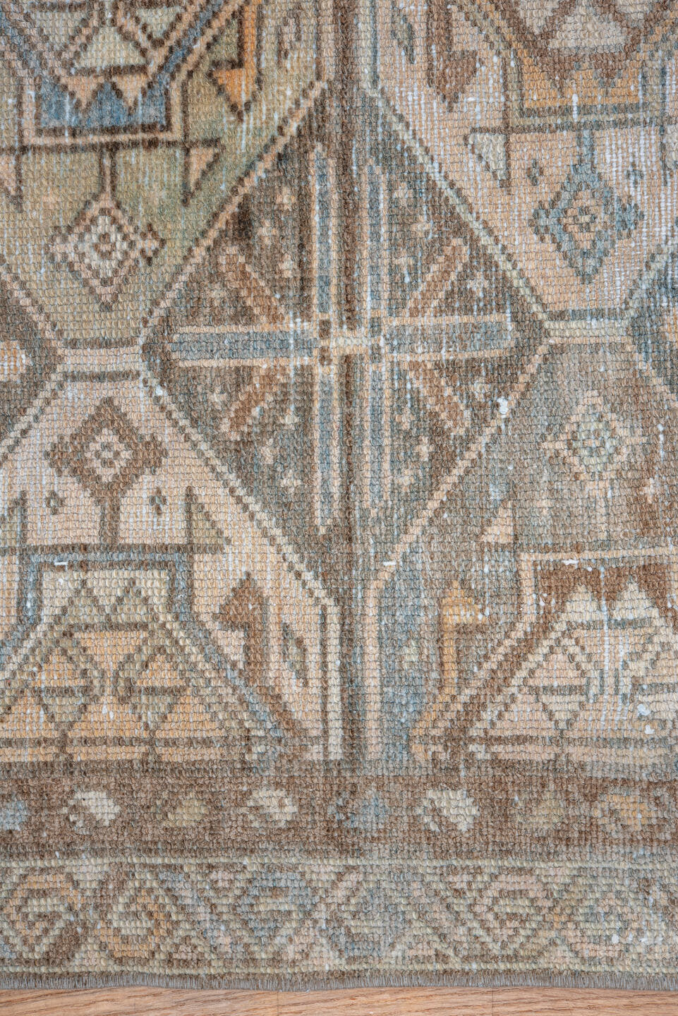 3' x 6' one-of-a-kind handmade vintage Baktiary small size rug. Color palette: taupe, ivory, sky blue, camel, brown, sand