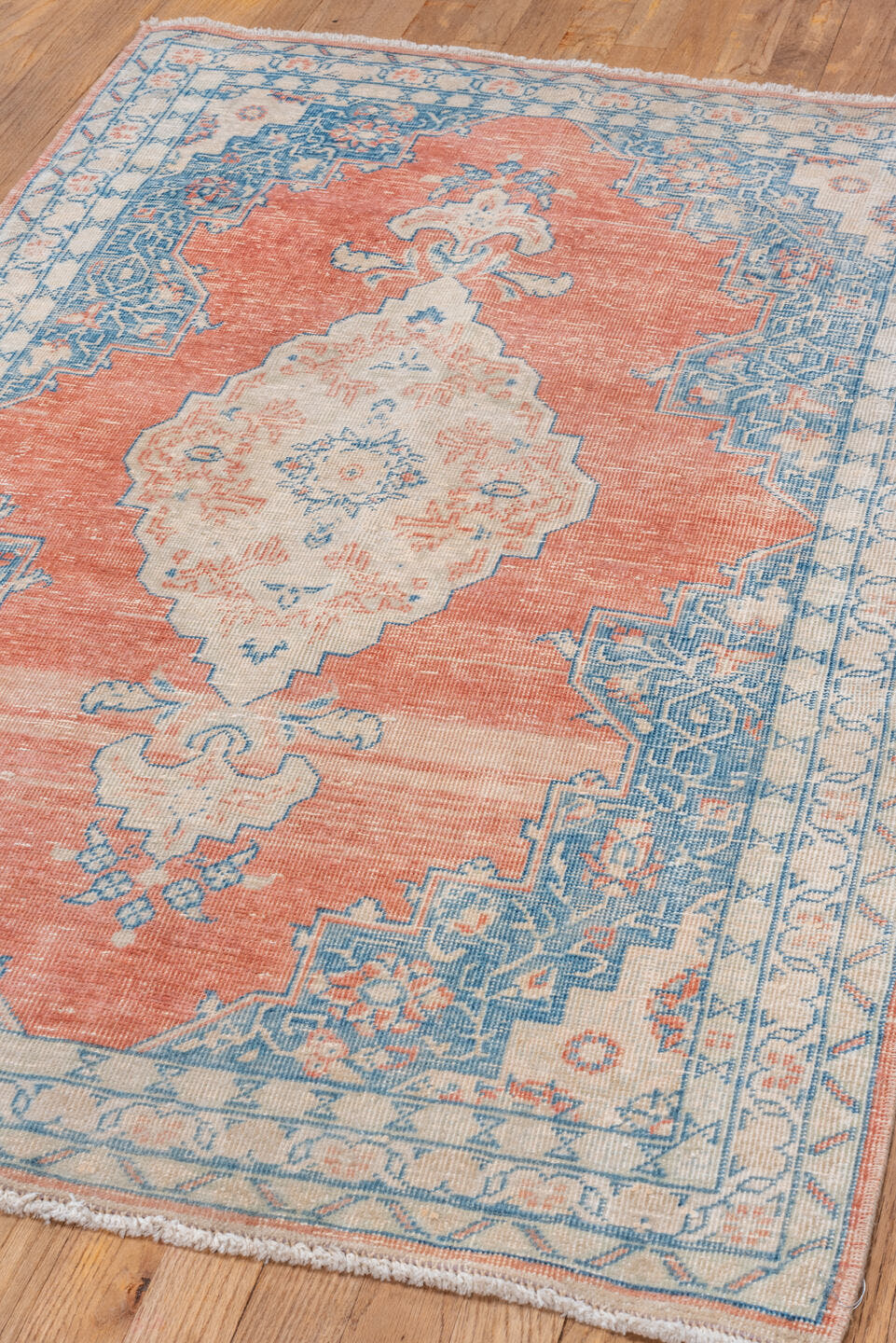 3' x 4' one-of-a-kind handmade vintage Mahal small size rug. Color palette: coral, ivory, sky blue, peach, cream, terracotta