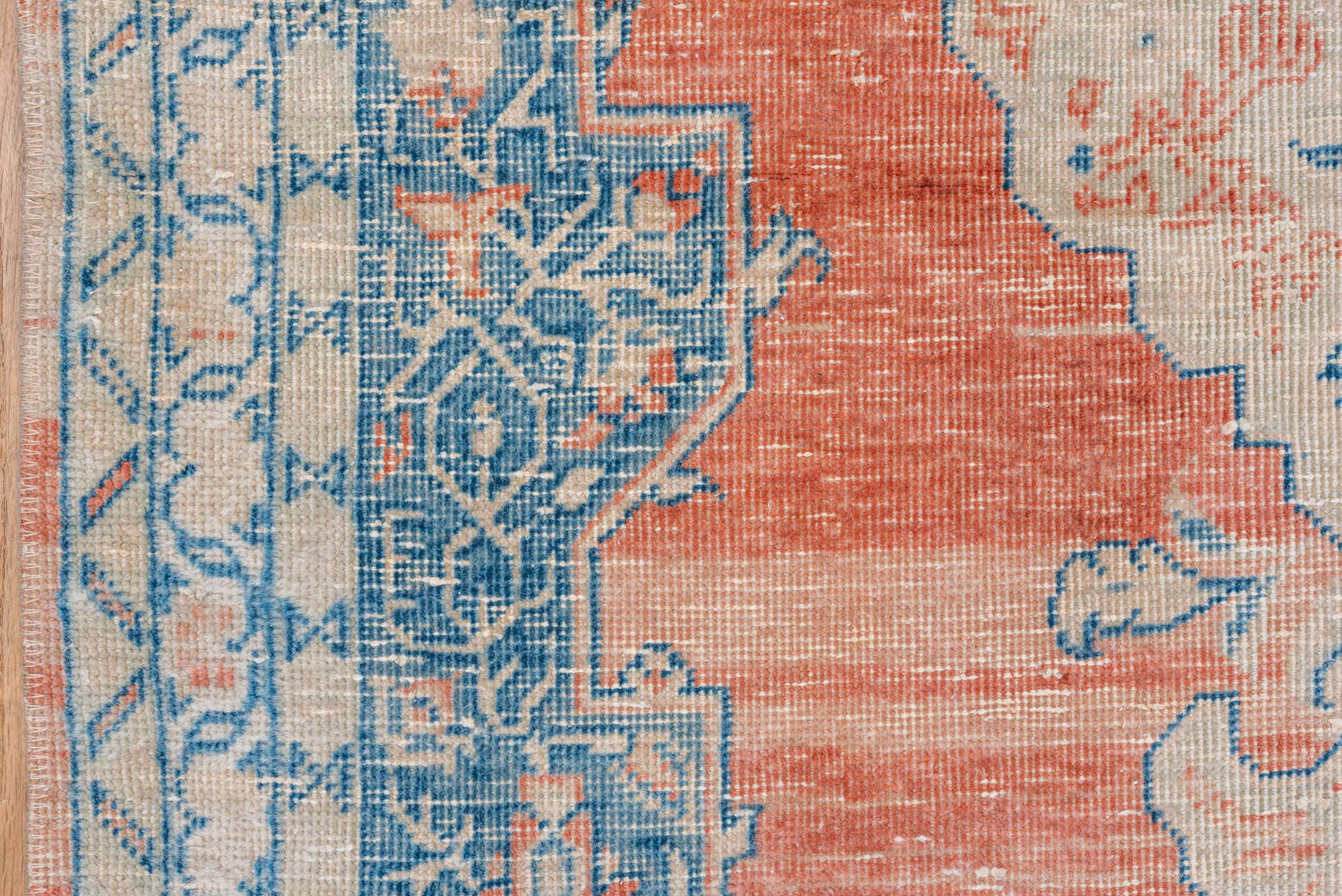 3' x 4' one-of-a-kind handmade vintage Mahal small size rug. Color palette: coral, ivory, sky blue, peach, cream, terracotta