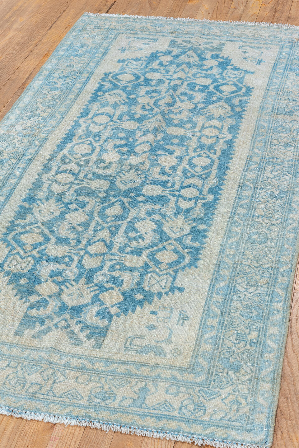 3' x 6' one-of-a-kind handmade vintage Malayer small size rug. Color palette: ivory, sky blue, powder blue, ice blue