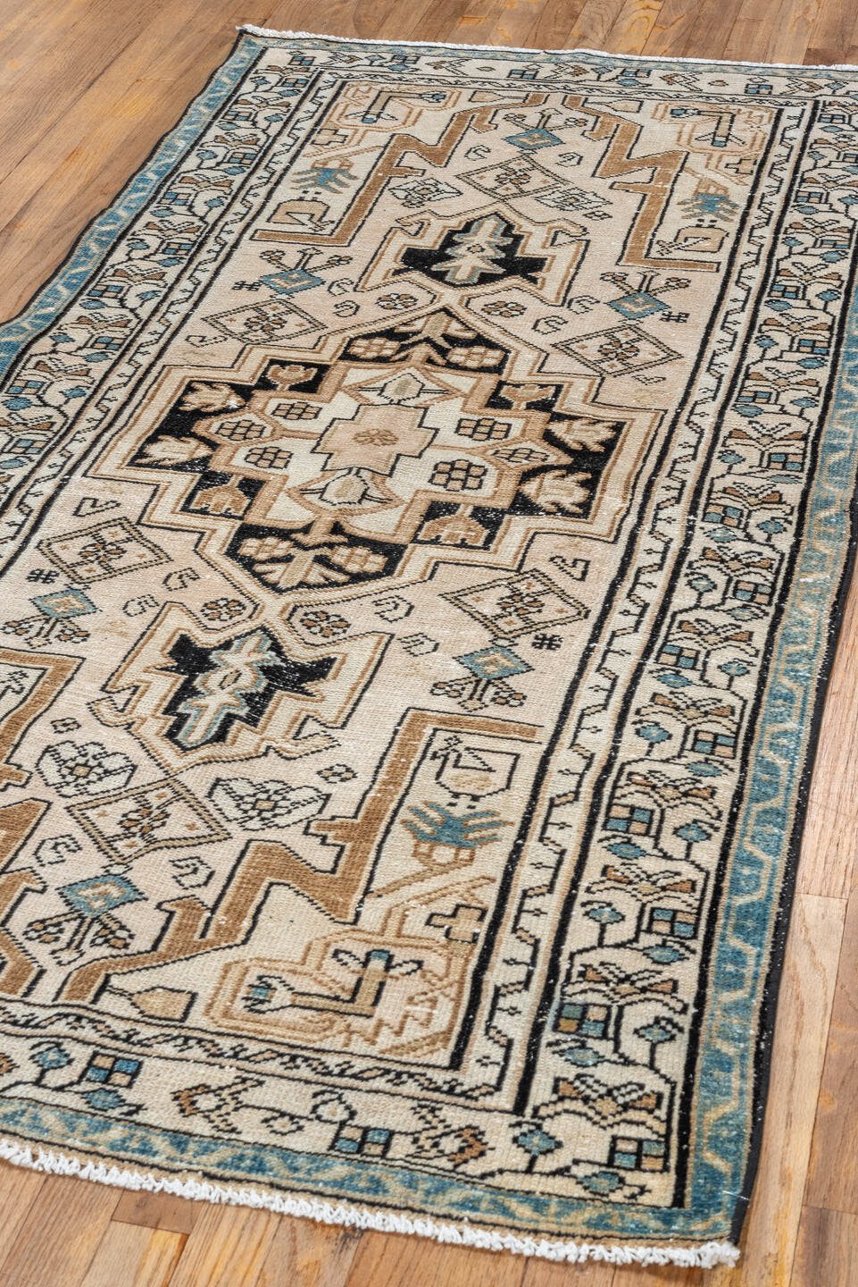 3' x 6' one-of-a-kind handmade vintage Malayer runner rug. Color palette: ivory, camel, sky_blue, black, taupe, light_blue