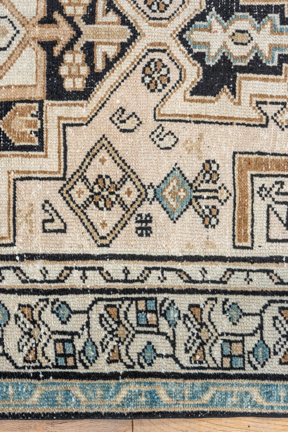 3' x 6' one-of-a-kind handmade vintage Malayer runner rug. Color palette: ivory, camel, sky_blue, black, taupe, light_blue
