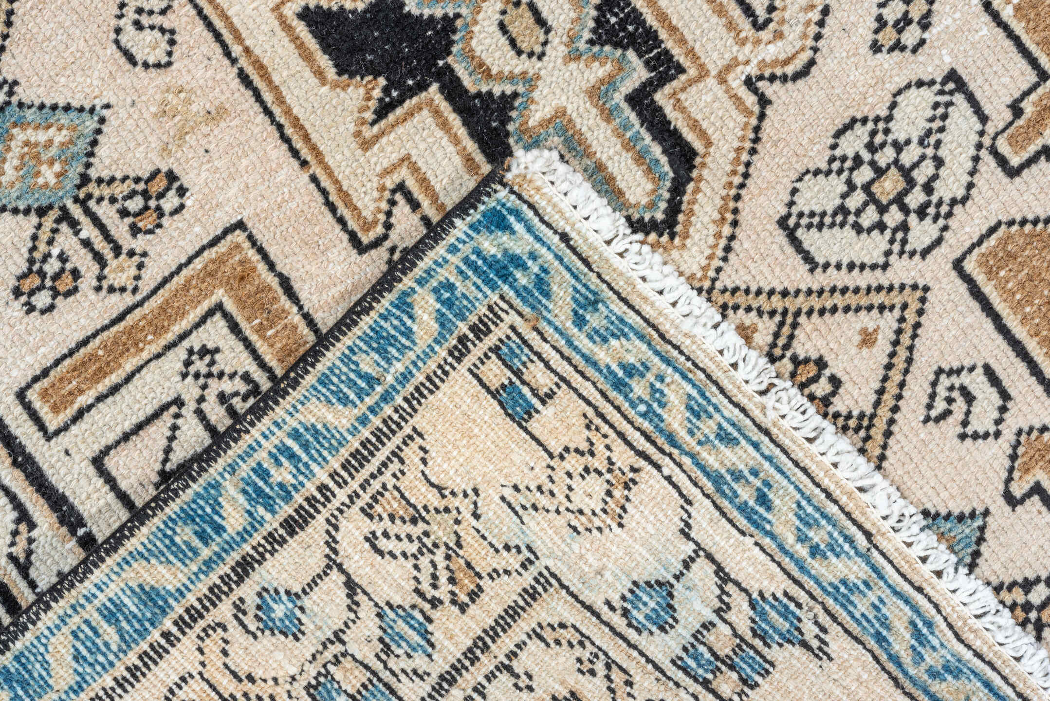 3' x 6' one-of-a-kind handmade vintage Malayer runner rug. Color palette: ivory, camel, sky_blue, black, taupe, light_blue