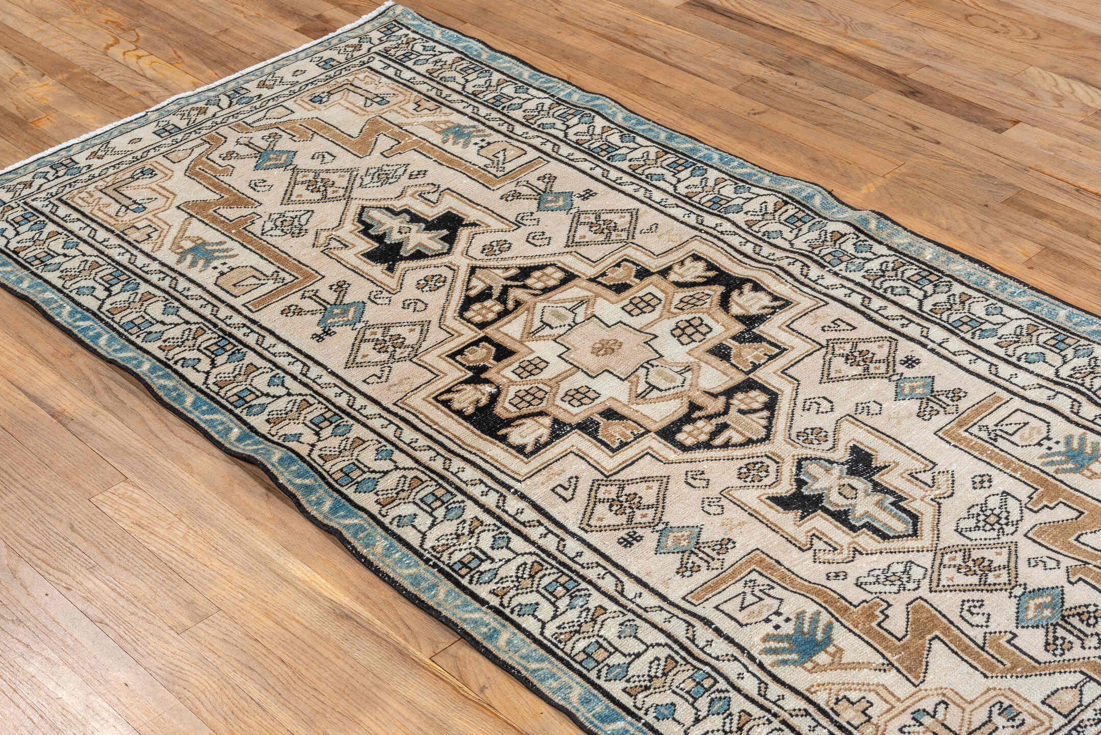 3' x 6' one-of-a-kind handmade vintage Malayer runner rug. Color palette: ivory, camel, sky_blue, black, taupe, light_blue