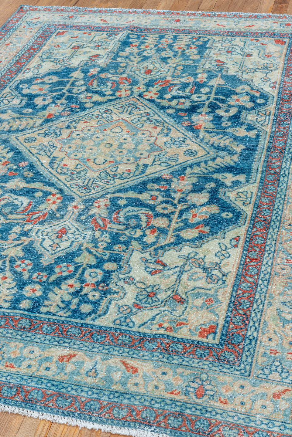 4' x 6' one-of-a-kind handmade vintage Malayer small size rug. Color palette: blue, ivory, sky_blue, rust, coral, cream