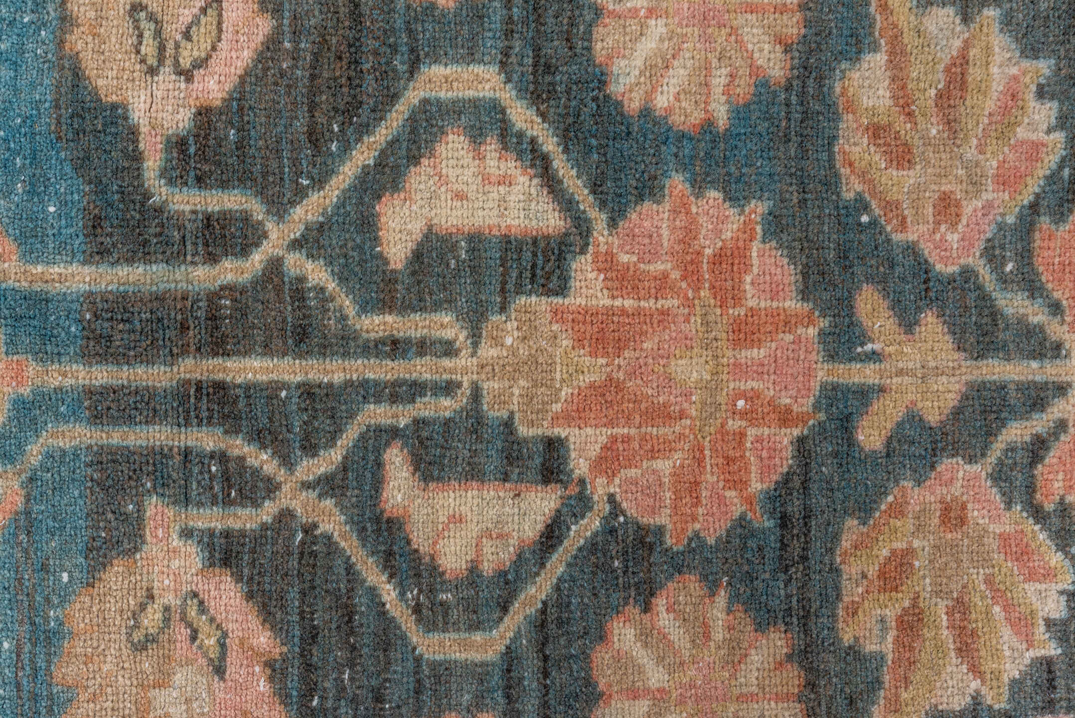 4' x 6' one-of-a-kind handmade vintage Sarouk small size rug. Color palette: blue, peach, ivory, sage, taupe, charcoal