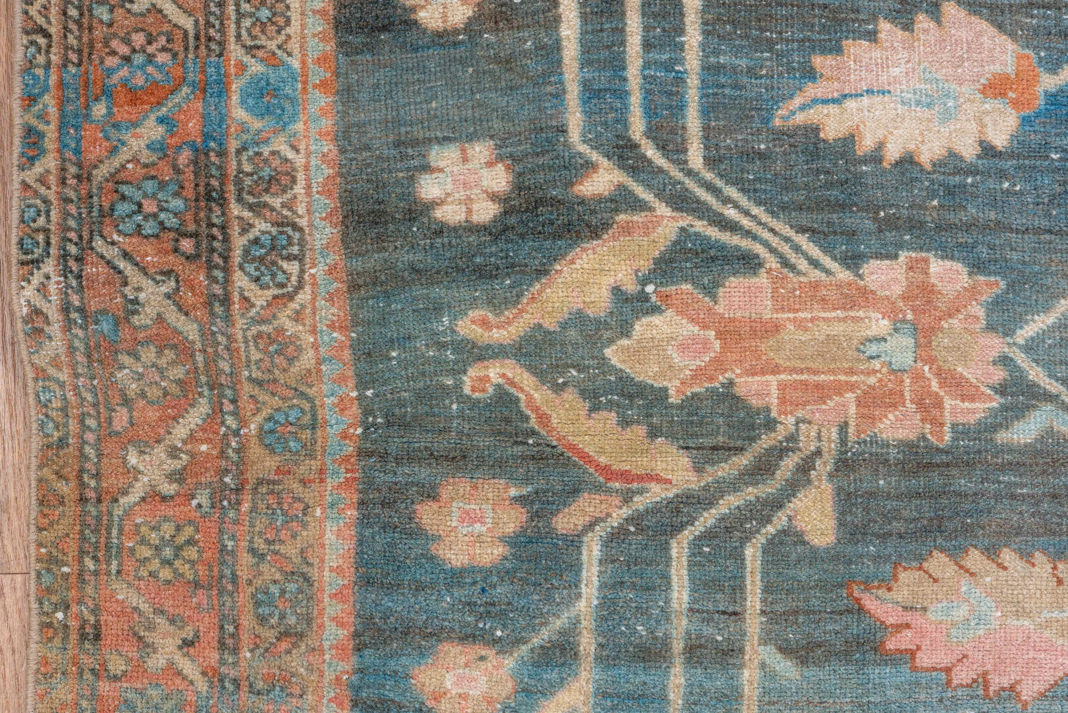 4' x 6' one-of-a-kind handmade vintage Sarouk small size rug. Color palette: blue, peach, ivory, sage, taupe, charcoal