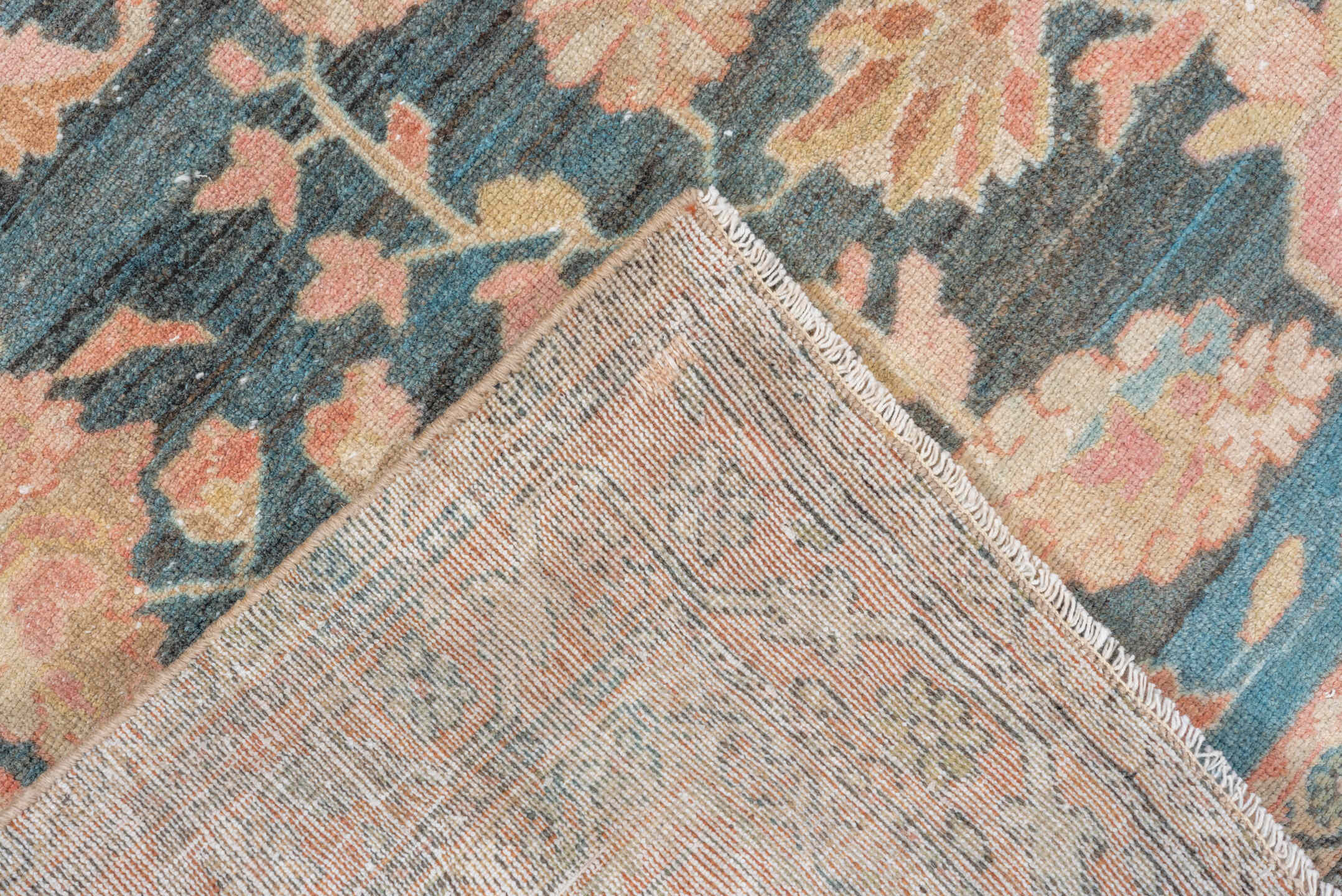 4' x 6' one-of-a-kind handmade vintage Sarouk small size rug. Color palette: blue, peach, ivory, sage, taupe, charcoal
