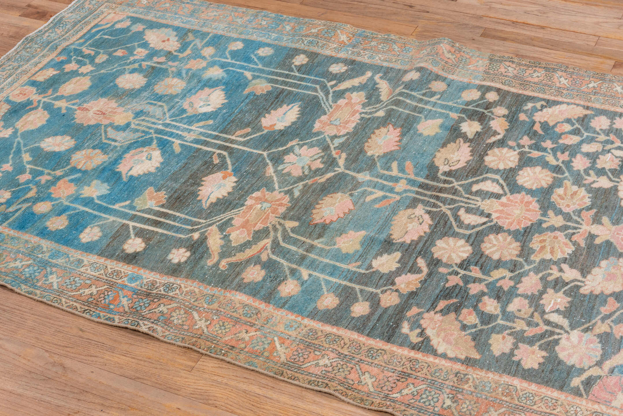 4' x 6' one-of-a-kind handmade vintage Sarouk small size rug. Color palette: blue, peach, ivory, sage, taupe, charcoal
