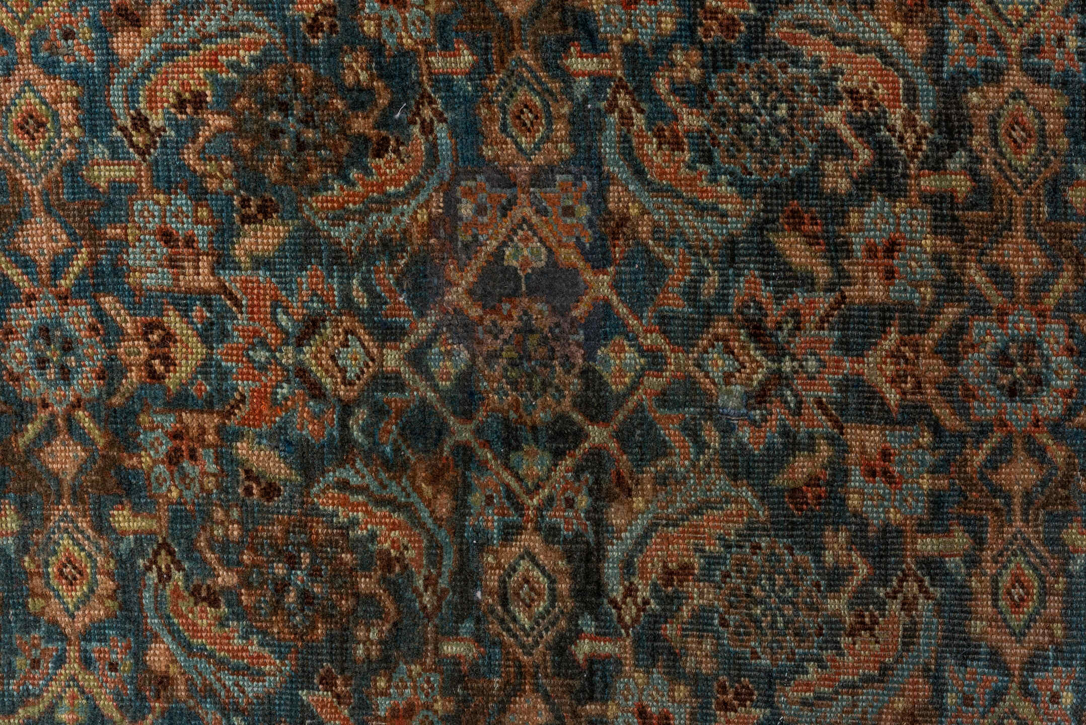 4' x 6' one-of-a-kind handmade vintage Bidjar small size rug. Color palette: blue, rust, ivory, charcoal, taupe, sage, camel