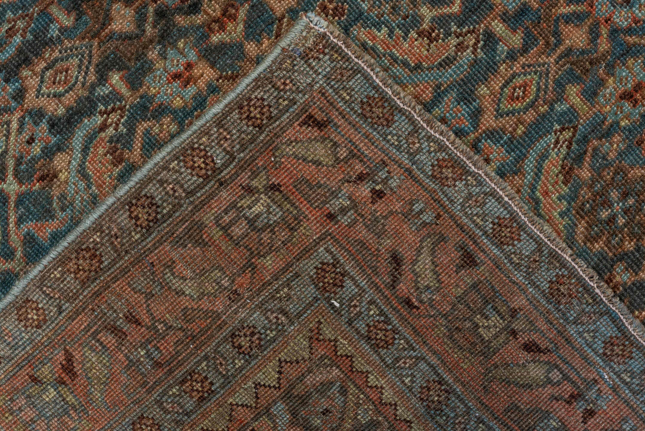 4' x 6' one-of-a-kind handmade vintage Bidjar small size rug. Color palette: blue, rust, ivory, charcoal, taupe, sage, camel