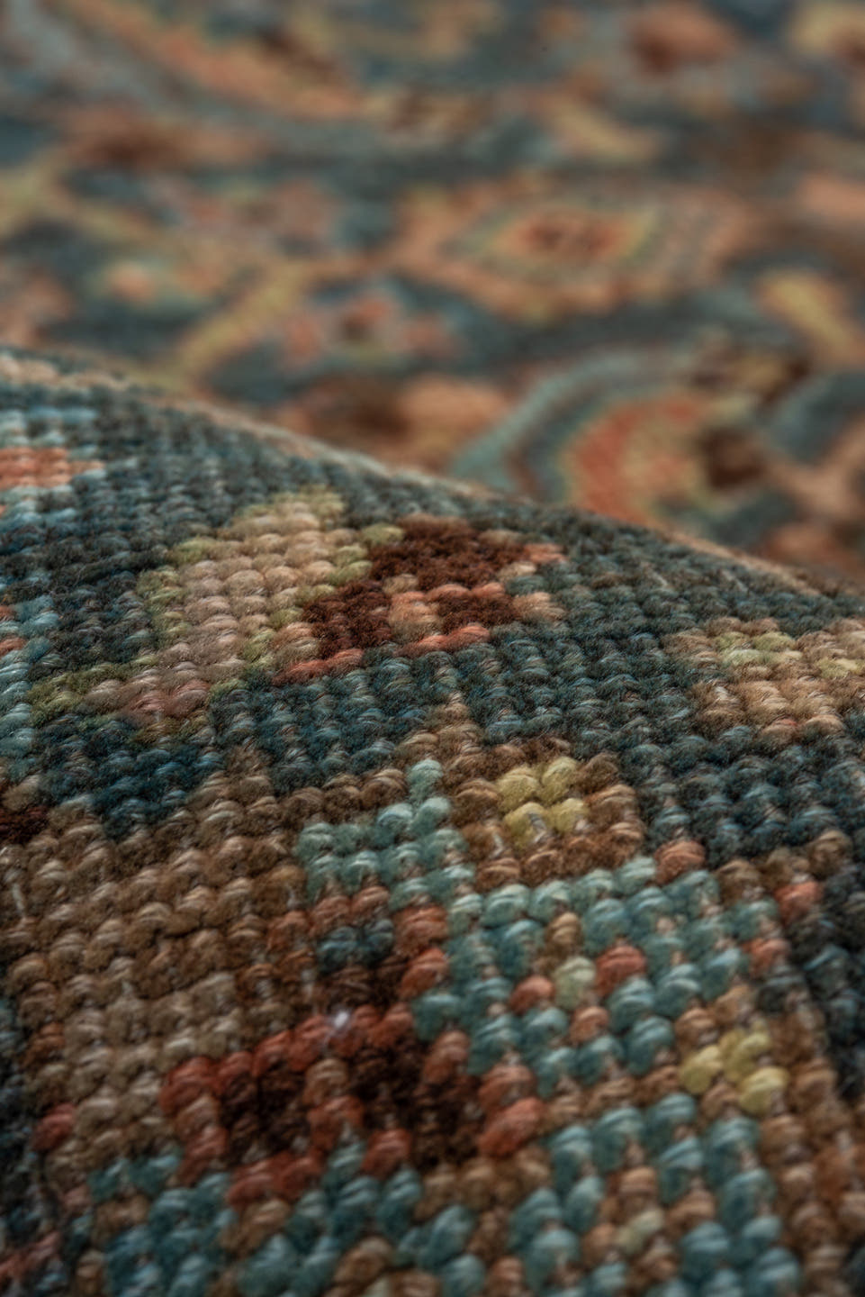 4' x 6' one-of-a-kind handmade vintage Bidjar small size rug. Color palette: blue, rust, ivory, charcoal, taupe, sage, camel