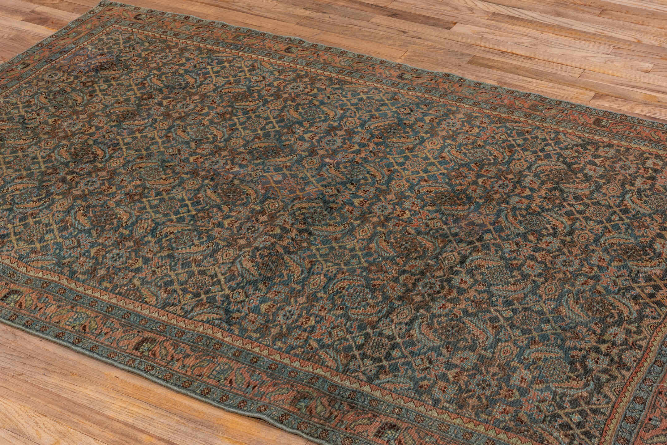 4' x 6' one-of-a-kind handmade vintage Bidjar small size rug. Color palette: blue, rust, ivory, charcoal, taupe, sage, camel