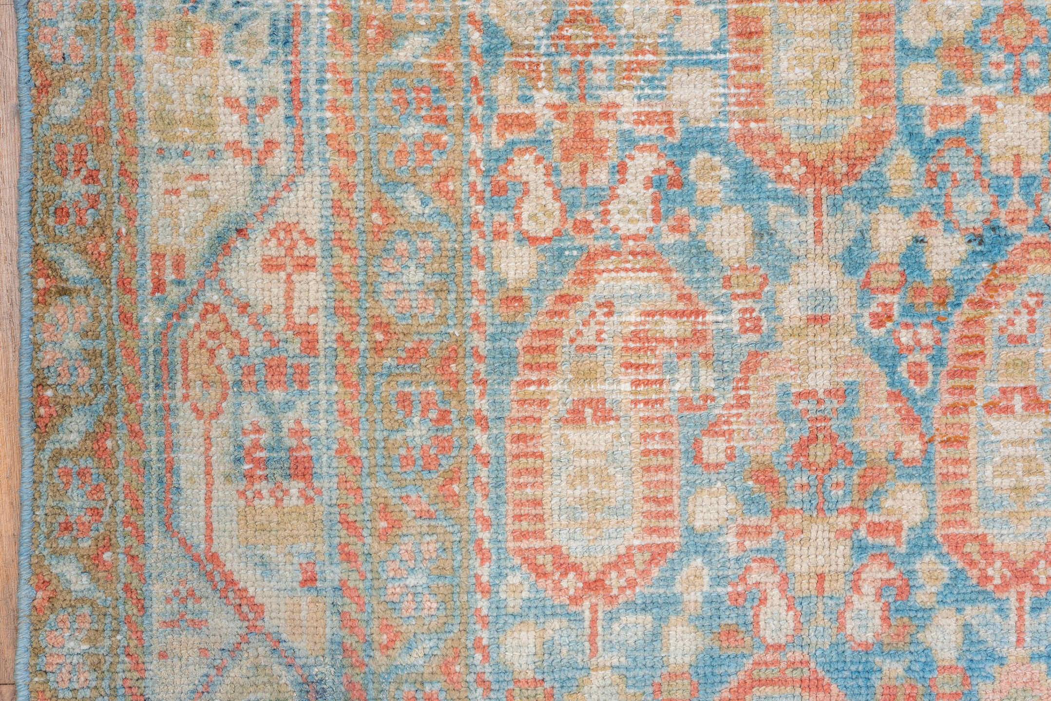 4' x 6' one-of-a-kind handmade vintage Malayer small size rug. Color palette: sky blue, ivory, coral, beige, tan, light blue