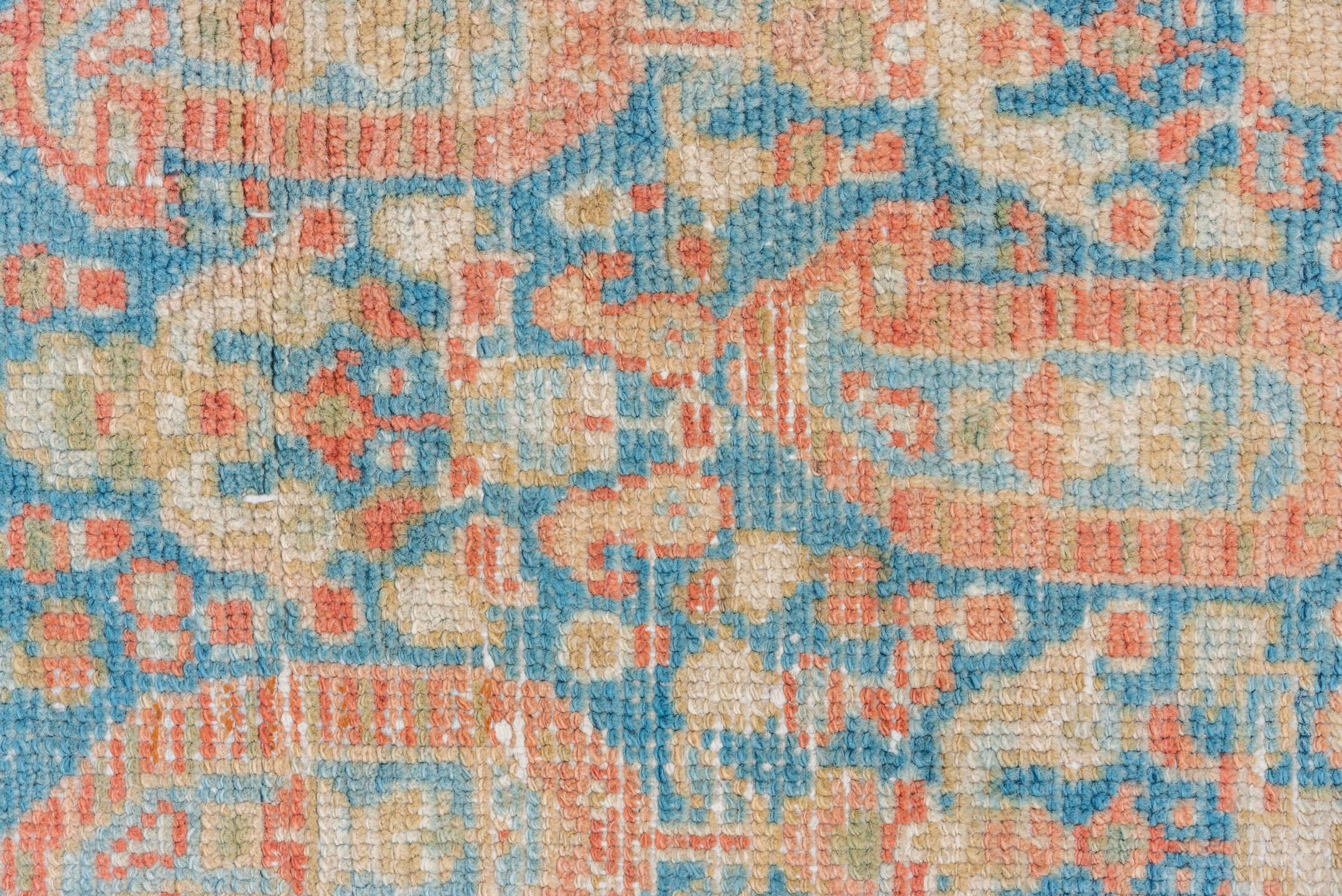 4' x 6' one-of-a-kind handmade vintage Malayer small size rug. Color palette: sky blue, ivory, coral, beige, tan, light blue