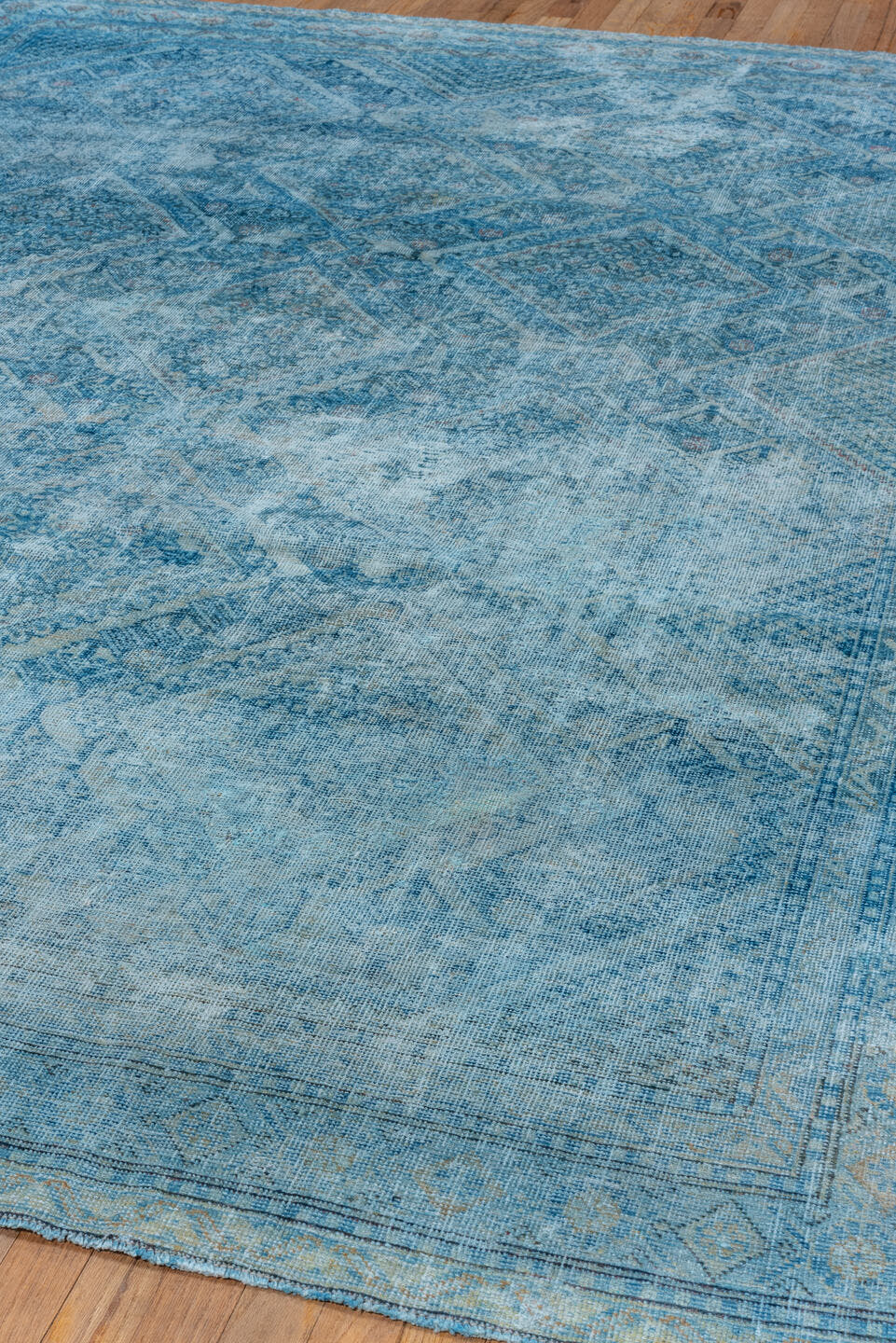 7' x 9' one-of-a-kind handmade vintage Veece rug. Color palette: aqua, sky blue, ivory, slate, taupe, rust, teal, light blue