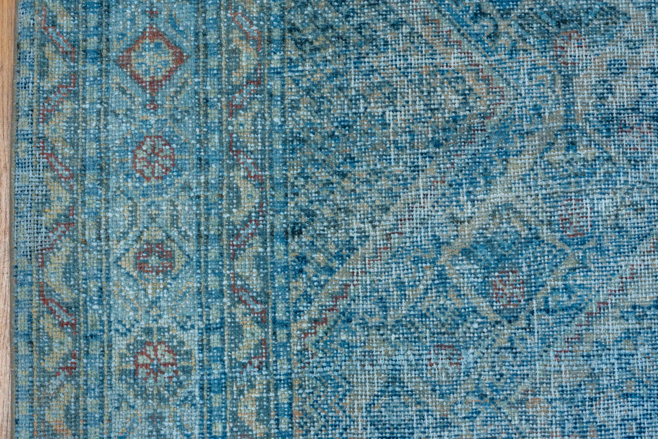 7' x 9' one-of-a-kind handmade vintage Veece rug. Color palette: aqua, sky blue, ivory, slate, taupe, rust, teal, light blue