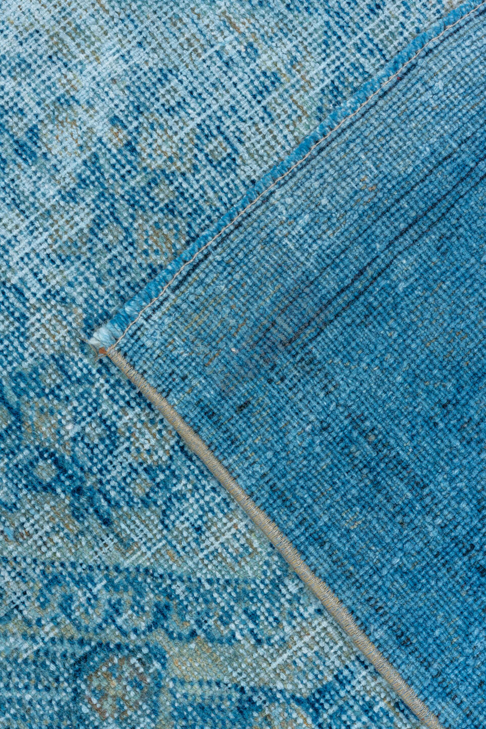7' x 9' one-of-a-kind handmade vintage Veece rug. Color palette: aqua, sky blue, ivory, slate, taupe, rust, teal, light blue