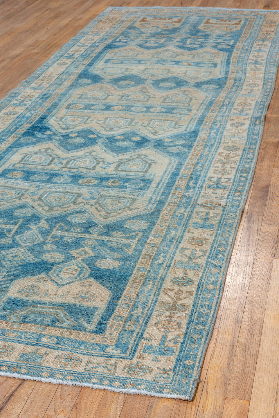 4' x 12' one-of-a-kind handmade vintage Bidjar runner rug. Color palette: blue, ivory, beige, camel, taupe, brown, gray