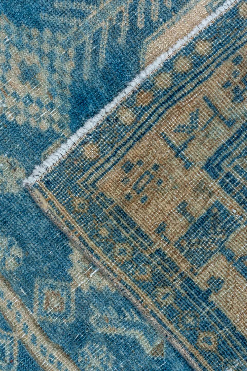 4' x 12' one-of-a-kind handmade vintage Bidjar runner rug. Color palette: blue, brown, gray, light blue, light gray