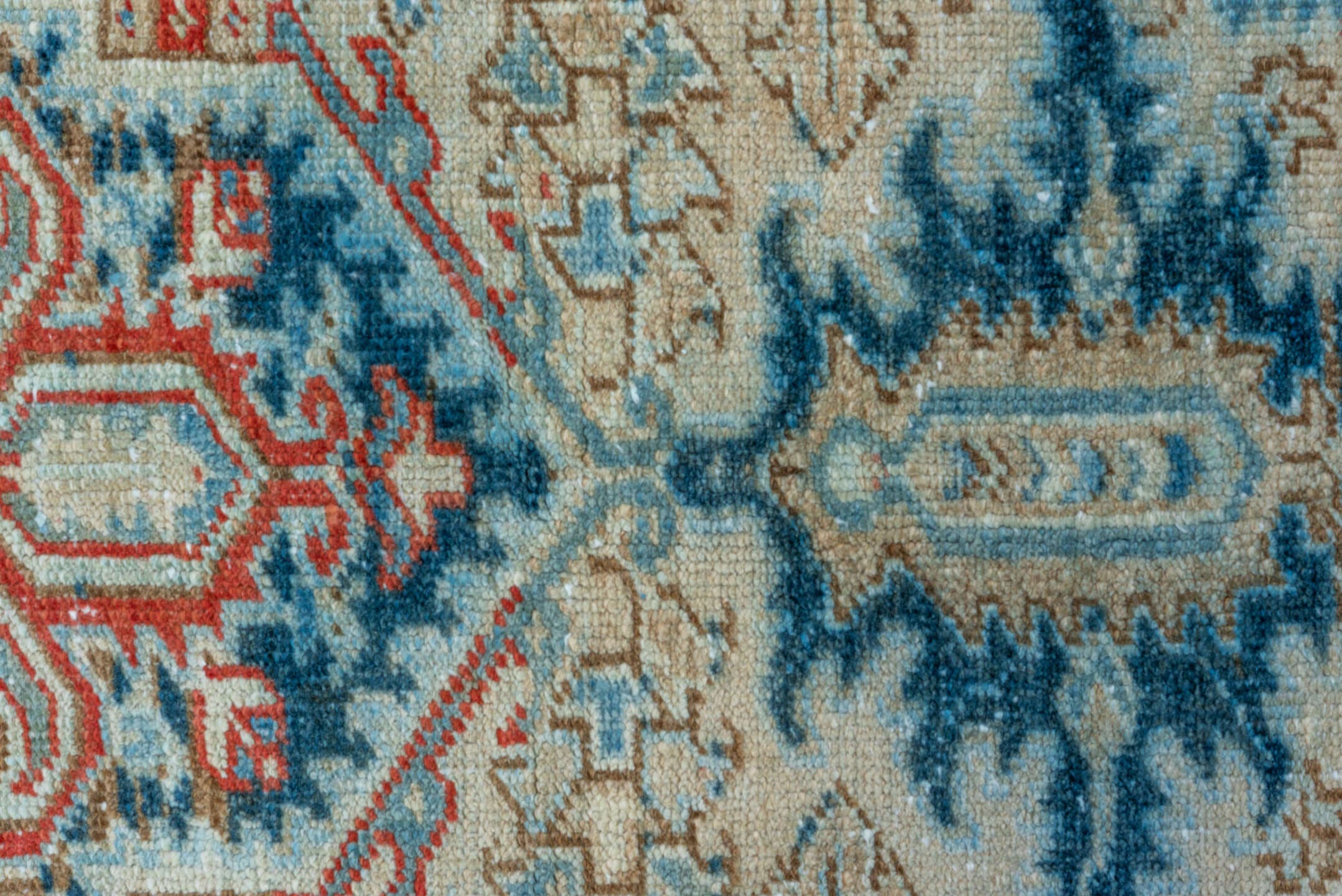 6' x 9' one-of-a-kind handmade vintage Heriz medium size rug. Color palette: ivory, sky blue, navy, rust, beige, camel