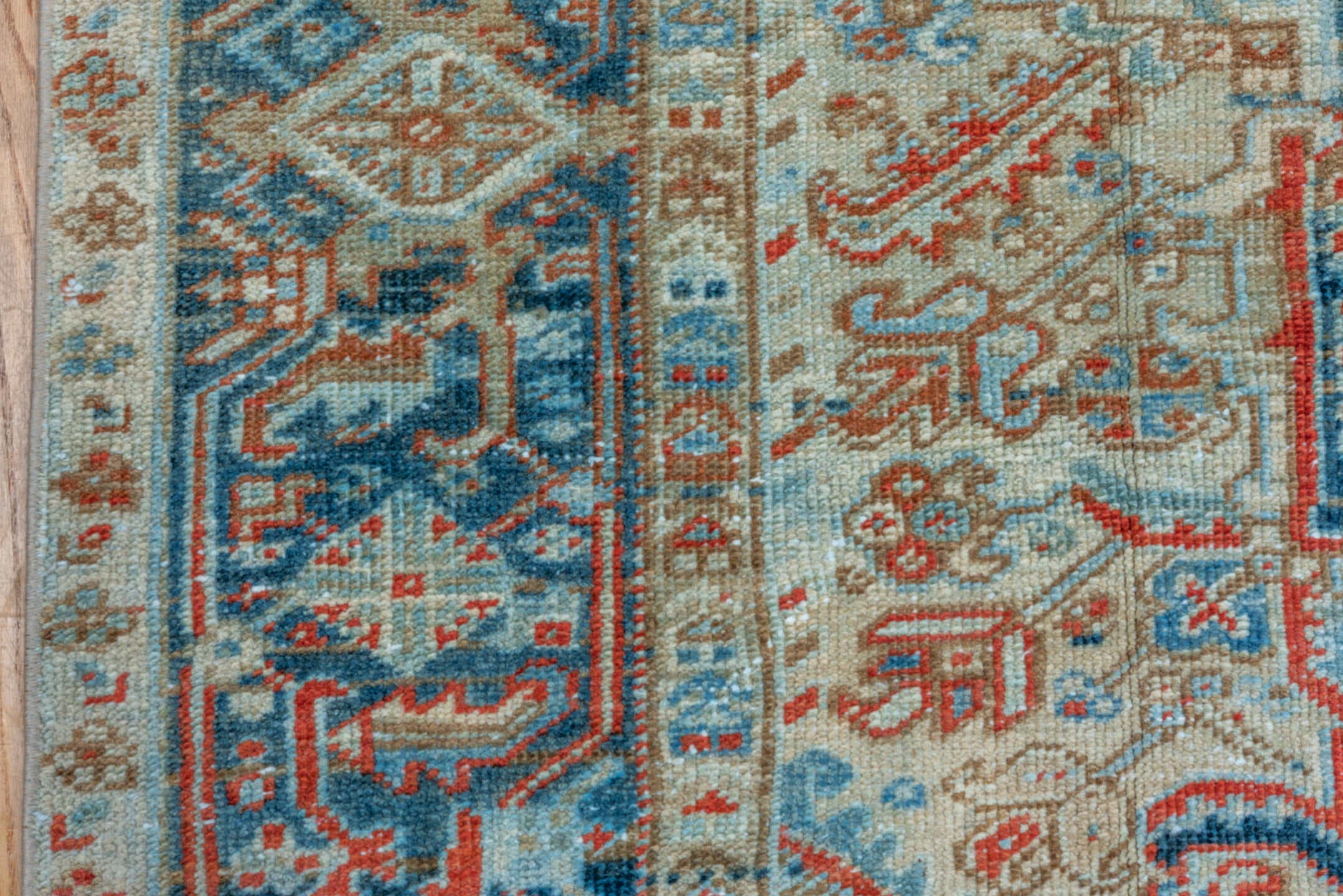 6' x 9' one-of-a-kind handmade vintage Heriz medium size rug. Color palette: ivory, sky blue, navy, rust, beige, camel