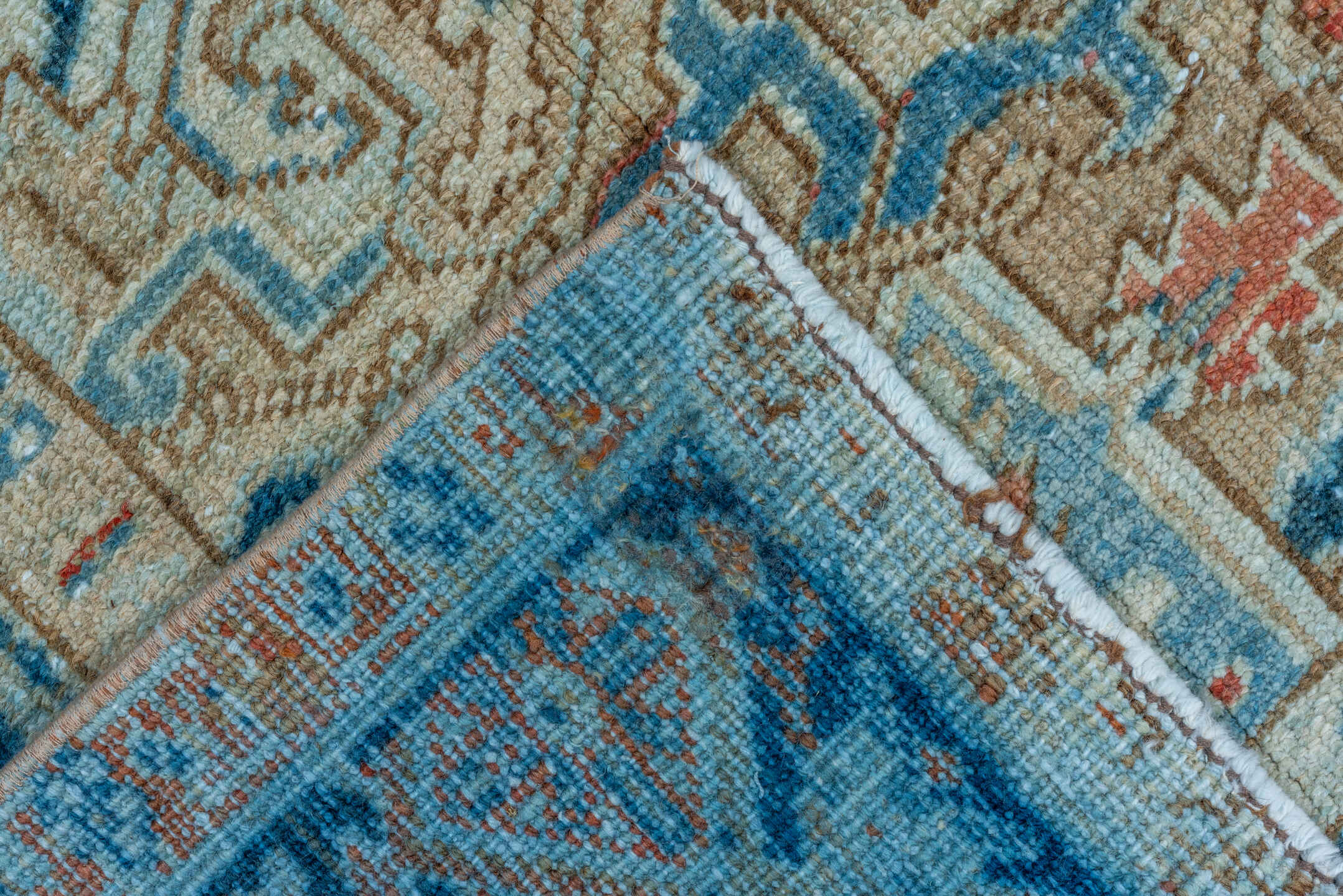 6' x 9' one-of-a-kind handmade vintage Heriz medium size rug. Color palette: ivory, sky blue, navy, rust, beige, camel