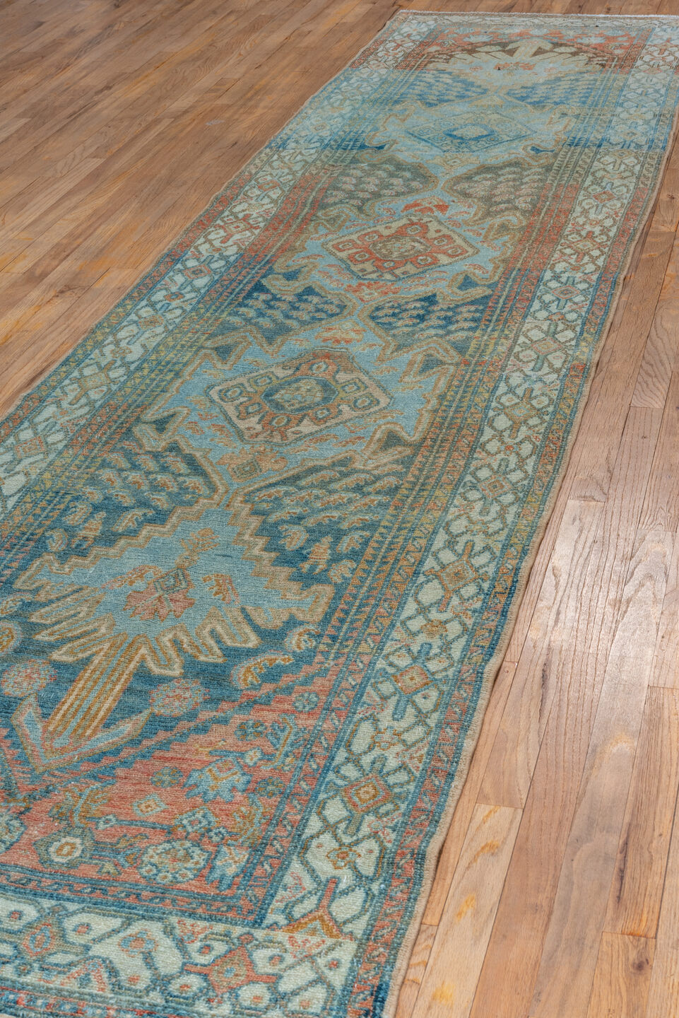 3' x 14' one-of-a-kind handmade vintage Malayer runner rug. Color palette: blue, brown, gray, light gray, off-white, snow