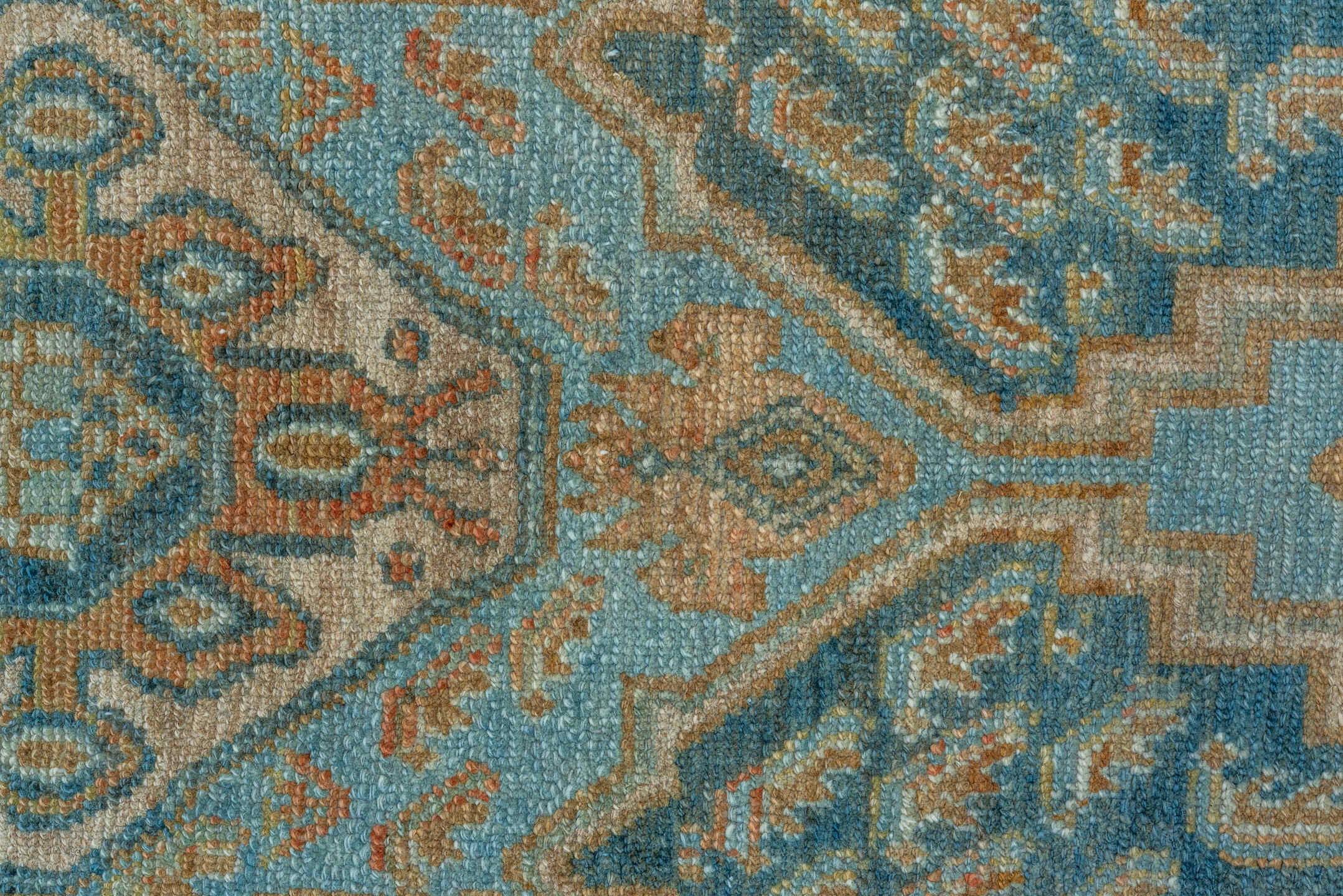 3' x 14' one-of-a-kind handmade vintage Malayer runner rug. Color palette: sky blue, ivory, rust, navy, camel, taupe, teal