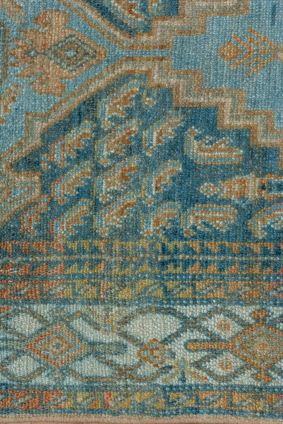 3' x 14' one-of-a-kind handmade vintage Malayer runner rug. Color palette: sky blue, ivory, rust, navy, camel, taupe, teal