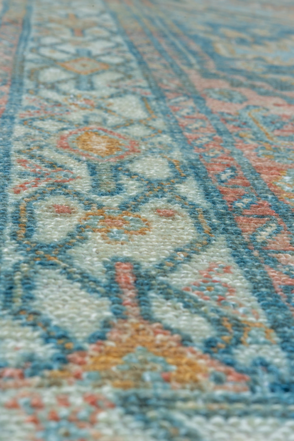 3' x 14' one-of-a-kind handmade vintage Malayer runner rug. Color palette: blue, brown, gray, light gray, off-white, snow