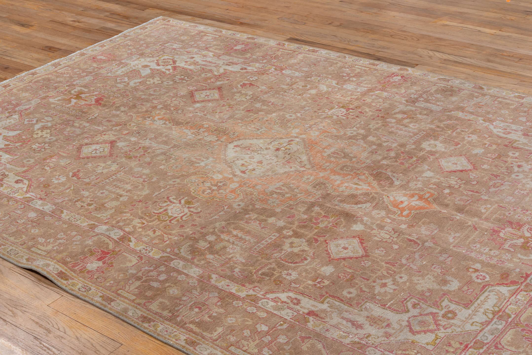 6' x 9' one-of-a-kind handmade vintage Tabriz medium size rug. Color palette: taupe, blush, ivory, rose, camel, peach