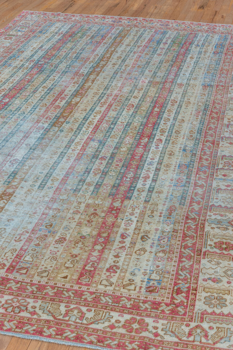 6' x 10' one-of-a-kind handmade vintage Sivas large size rug. Color palette: ivory, sky blue, rose, rust, taupe, sage, gold