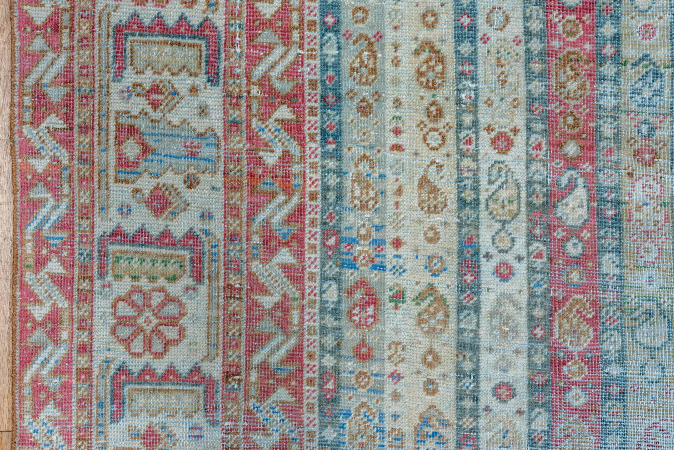 6' x 10' one-of-a-kind handmade vintage Sivas large size rug. Color palette: ivory, sky blue, rose, rust, taupe, sage, gold