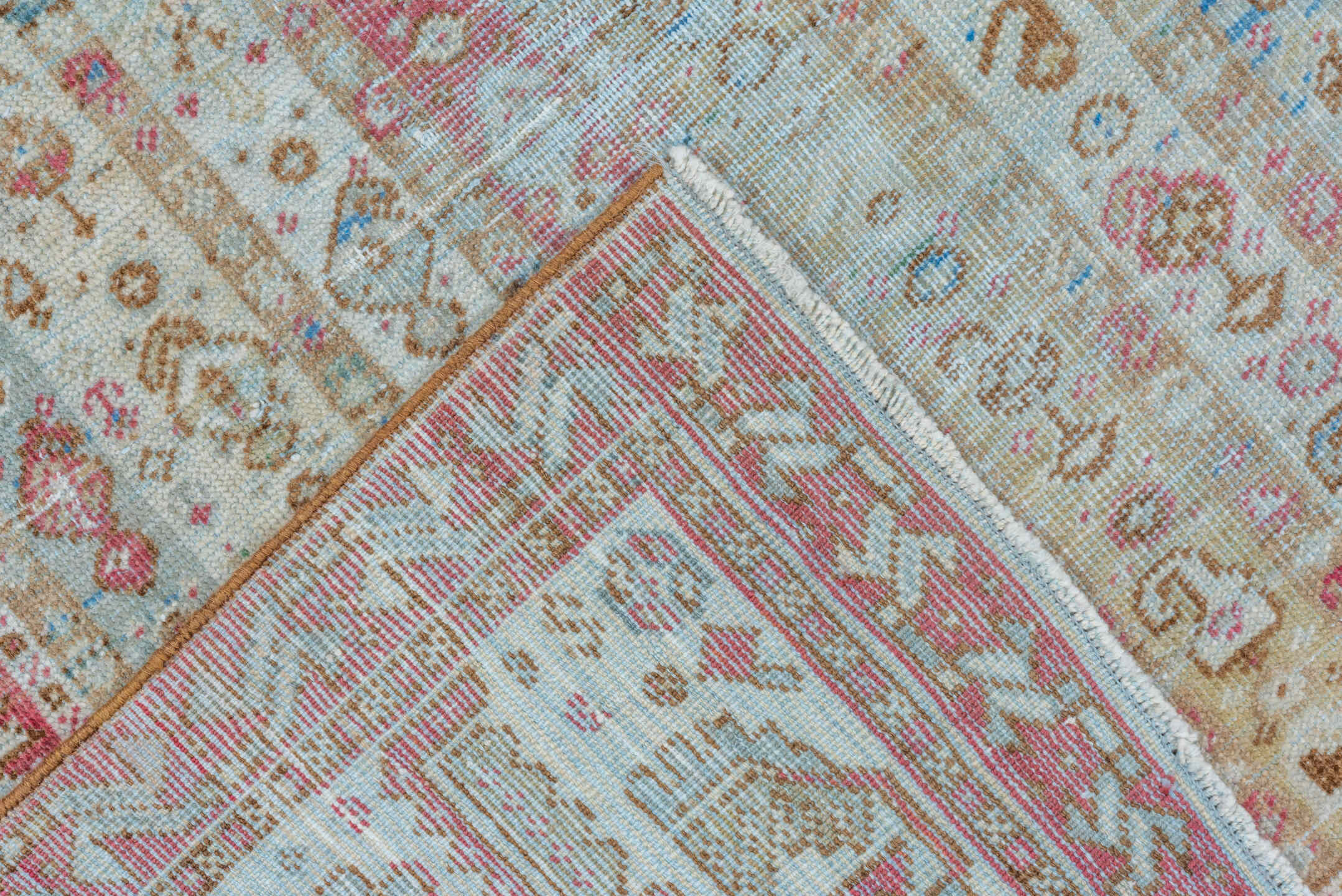 6' x 10' one-of-a-kind handmade vintage Sivas large size rug. Color palette: ivory, sky blue, rose, rust, taupe, sage, gold