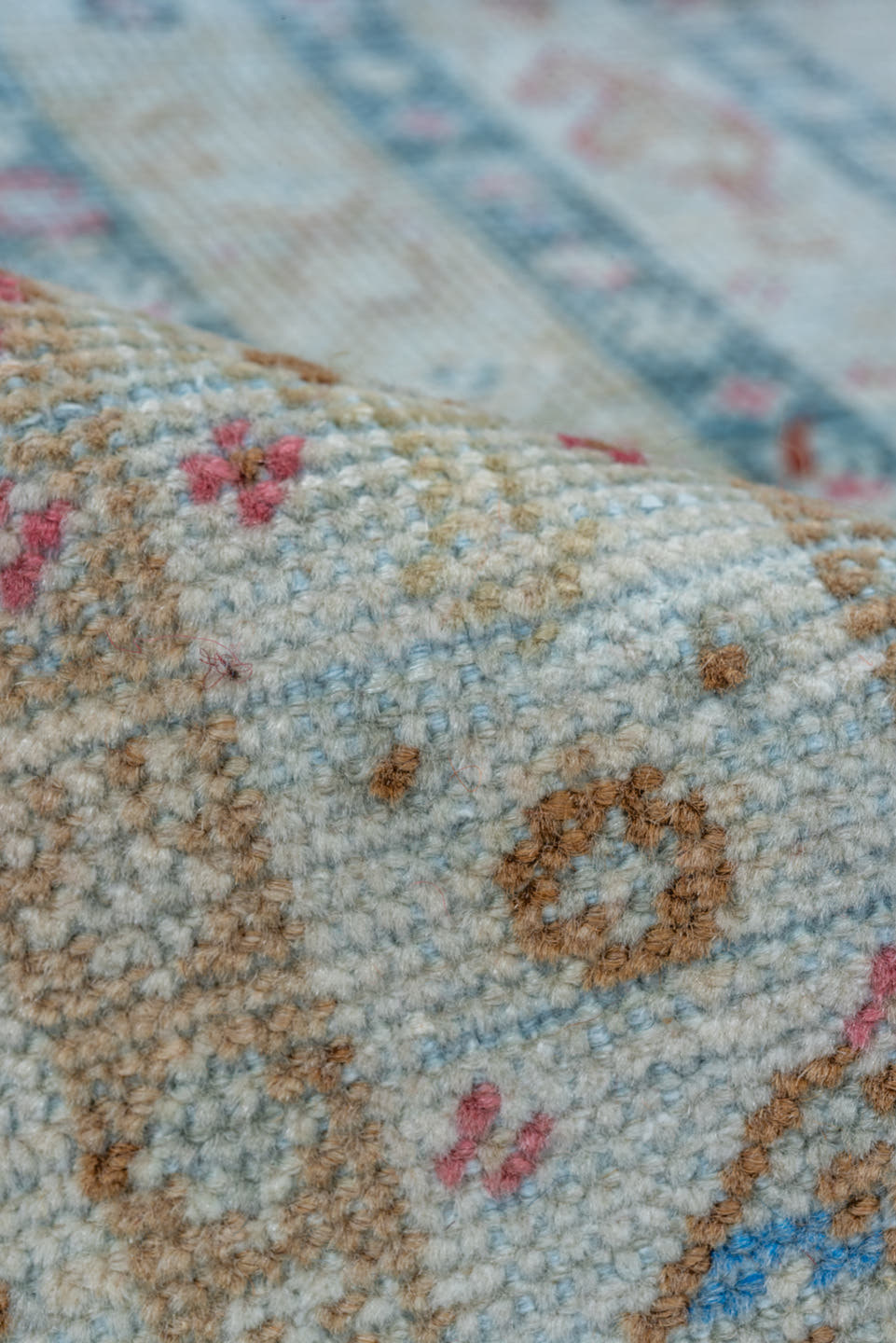 6' x 10' one-of-a-kind handmade vintage Sivas large size rug. Color palette: ivory, sky blue, rose, rust, taupe, sage, gold